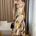 Cowl Neck Spaghetti Strap Abstract Brushstroke Satin Midi Slip Dress