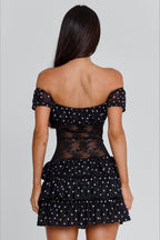 Black Off Shoulder Tie Front Lace Panel Tiered Polka Dot Mini Dress