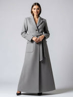 Belted Full Length Maxi Woolen Coat With Lapel And Big Pockets For Women 2026