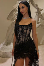 Strapless Lace Corset Draped Wrap Asymmetric Hem Mini Dress