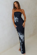 Black Strapless Bodycon Abstract Floral Placement Print Maxi Dress