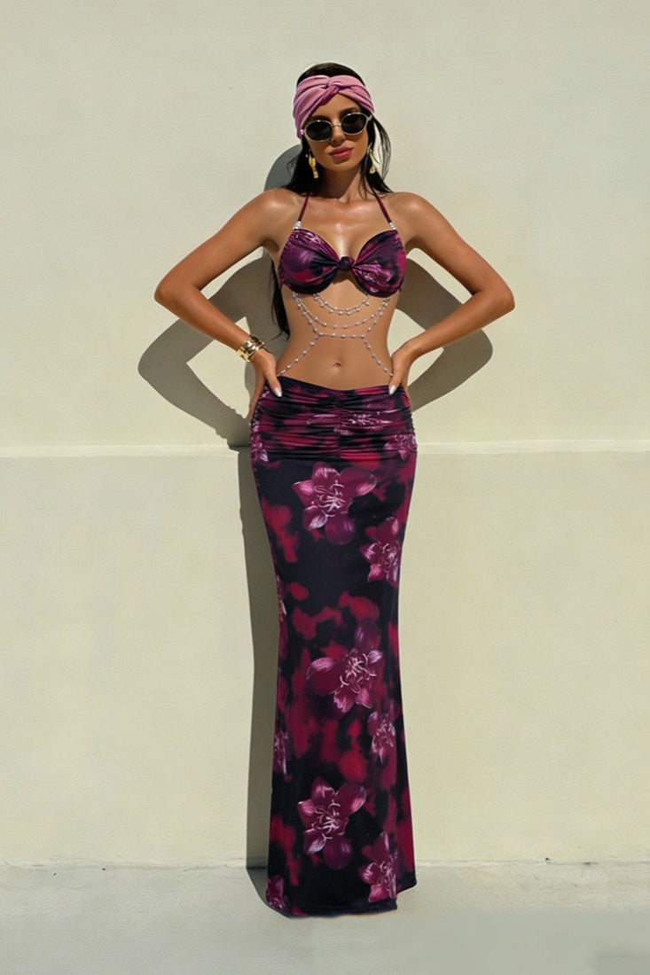 Halter Bow Front Ruched Waist Marble Print Maxi Skirt Two Piece Set