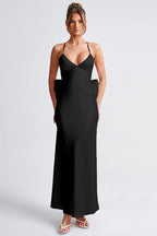 Deep V Spaghetti Strap Oversized Back Bow Satin Maxi Dress