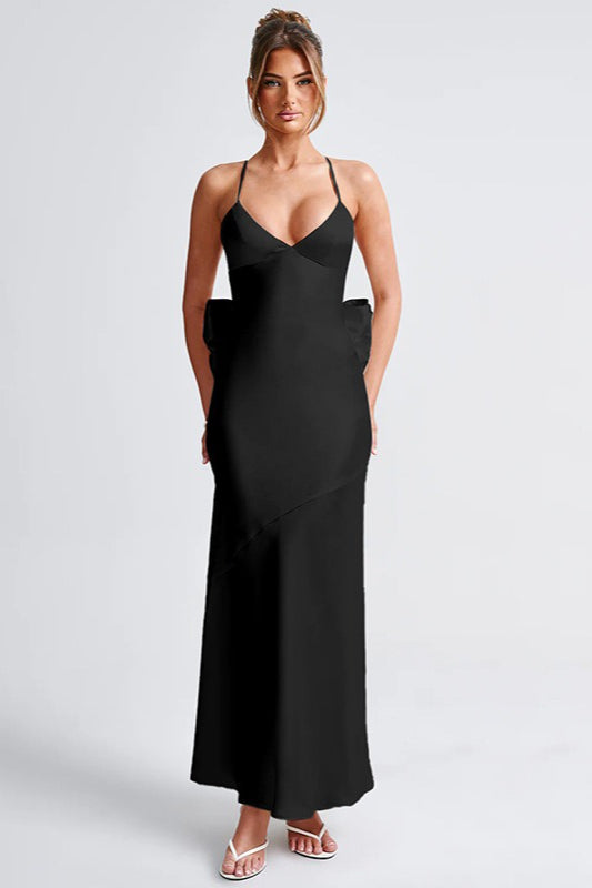 Deep V Spaghetti Strap Oversized Back Bow Satin Maxi Dress