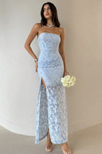 Strapless Floral Lace Side Ruched High Thigh Slit Maxi Dress