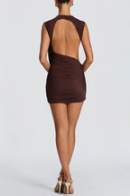 Mireya Mesh and Knit Fabric High Neck Diagonal Drape Backless Mini Dress