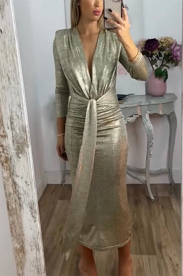 Metallic Ruched Knot Front Deep V-Neck Three Quarter Sleeve Midi Dress