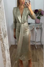 Metallic Ruched Knot Front Deep V-Neck Three Quarter Sleeve Midi Dress