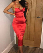 Cowl Neck Spaghetti Strap All Over Ruched Satin Bodycon Midi Dress