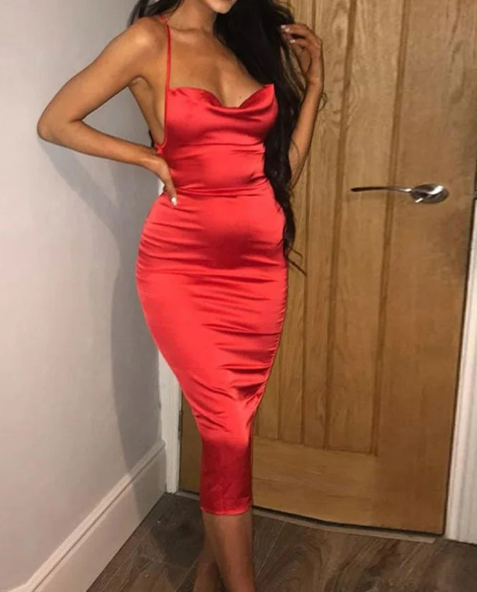 Cowl Neck Spaghetti Strap All Over Ruched Satin Bodycon Midi Dress