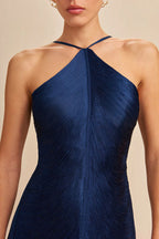 Metallic Pleated Fringe Halter Neck Backless Slit Maxi Gown