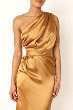 One Shoulder Asymmetric Draped Bodice High Slit Satin Maxi Gown