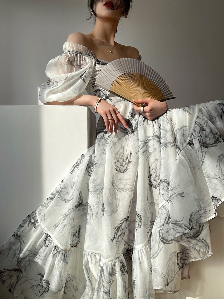 Botanical Sketch Print Puff Sleeve Lace-Up Square Neck Tiered Maxi Dress