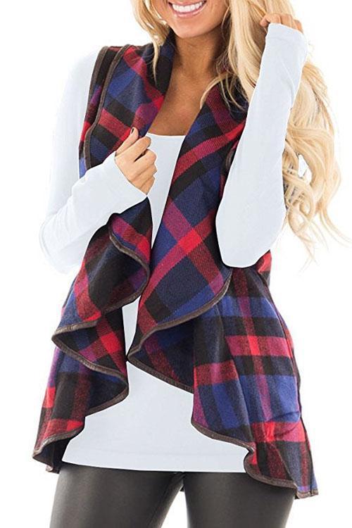 Pockets Plaid Jacket Vest