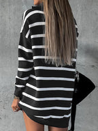 Striped V Neck Half Zip Loose Knit Sweater Dress