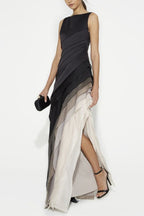 Ombre Gradient Diagonal Tiered Ruffle Column Maxi Gown