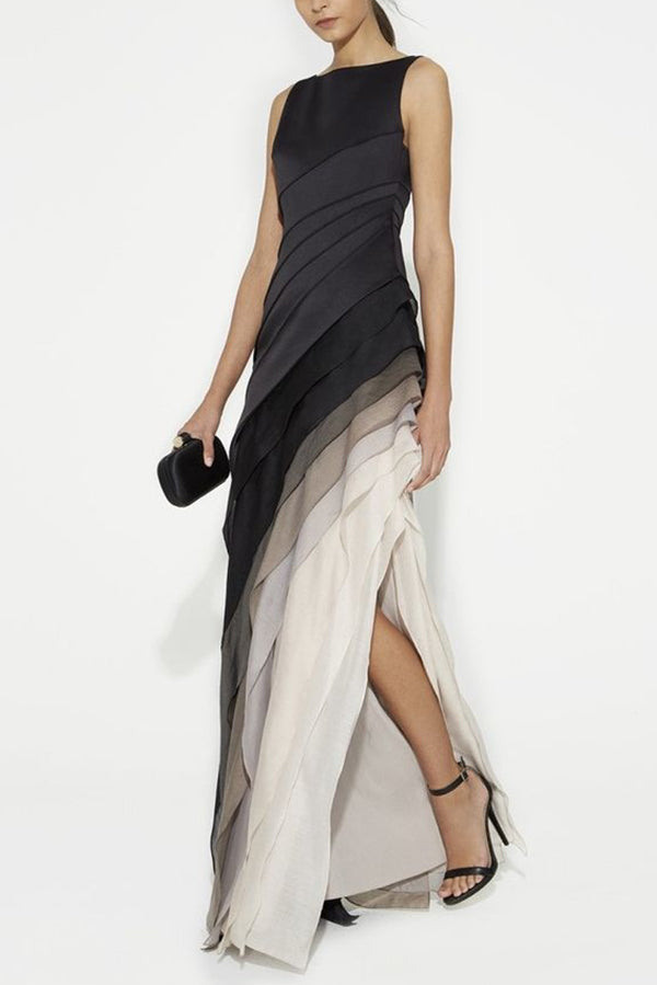 Ombre Gradient Diagonal Tiered Ruffle Column Maxi Gown