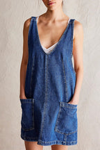 Denim Deep V-Neck Wide Strap Front Pocket Pinafore Mini Dress