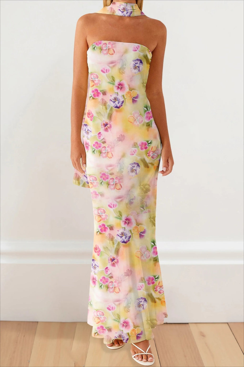 Floral Print Strapless Bodycon Maxi Dress with Matching Scarf