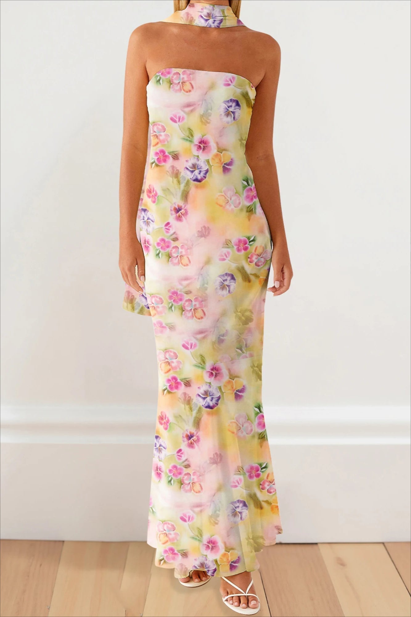 Floral Print Strapless Bodycon Maxi Dress with Matching Scarf