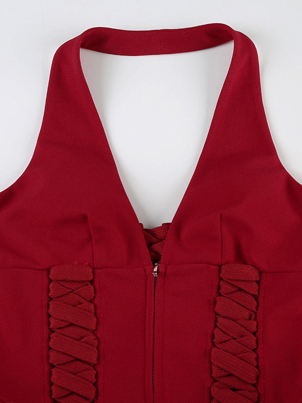 Halterneck Corset Top With Zipper And Back Lace-up Detail For Night Club 2026