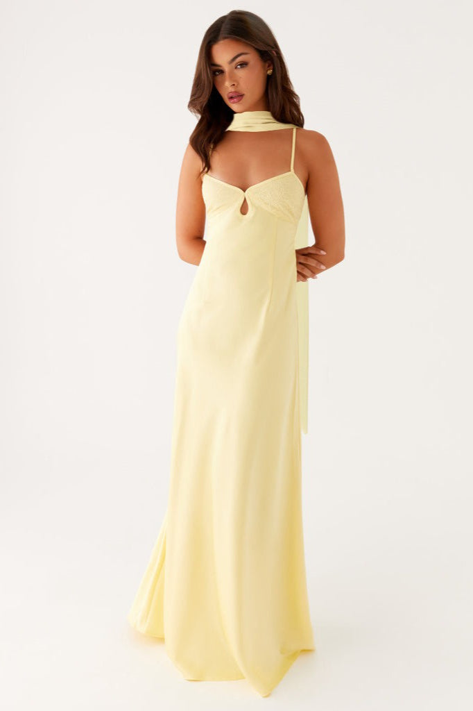Yellow V-Neck Tie Back Satin Maxi Dress