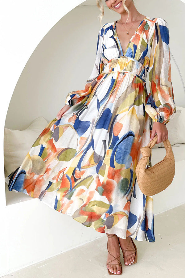 Abstract Watercolor Print Deep V-Neck Lantern Sleeve Smocked Waist Midi Dress