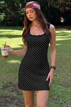 Scoop Neck Lace Trim Polka Dot Bodycon Mini Dress