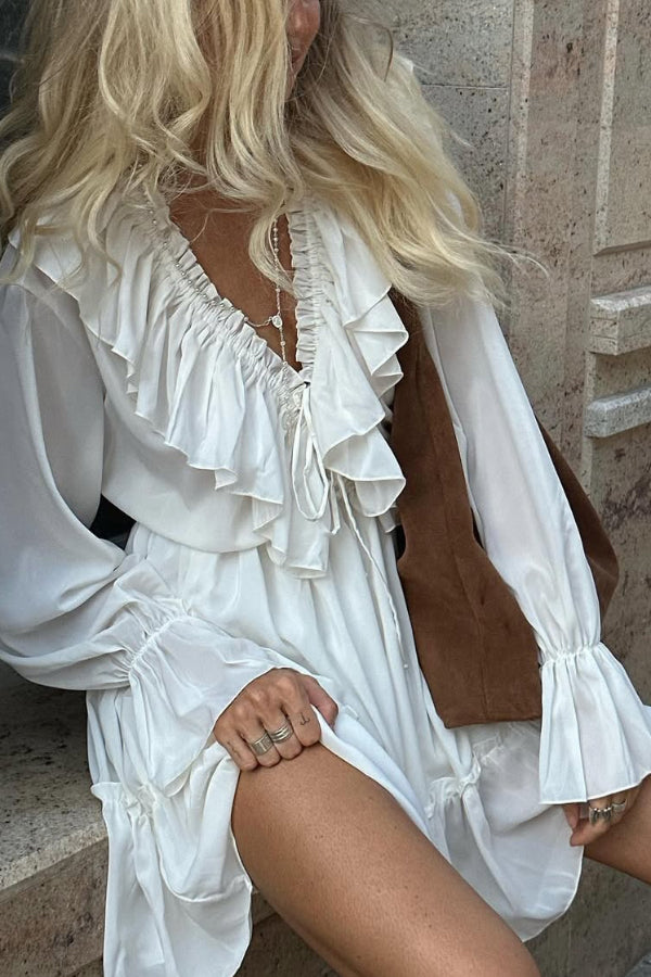 Solid Color V-neck Ruffled Ruched Long-sleeved Vacation Mini Dress