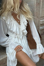 Solid Color V-neck Ruffled Ruched Long-sleeved Vacation Mini Dress