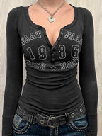 Number Letter Print Breasted Slim Long Sleeve Tee