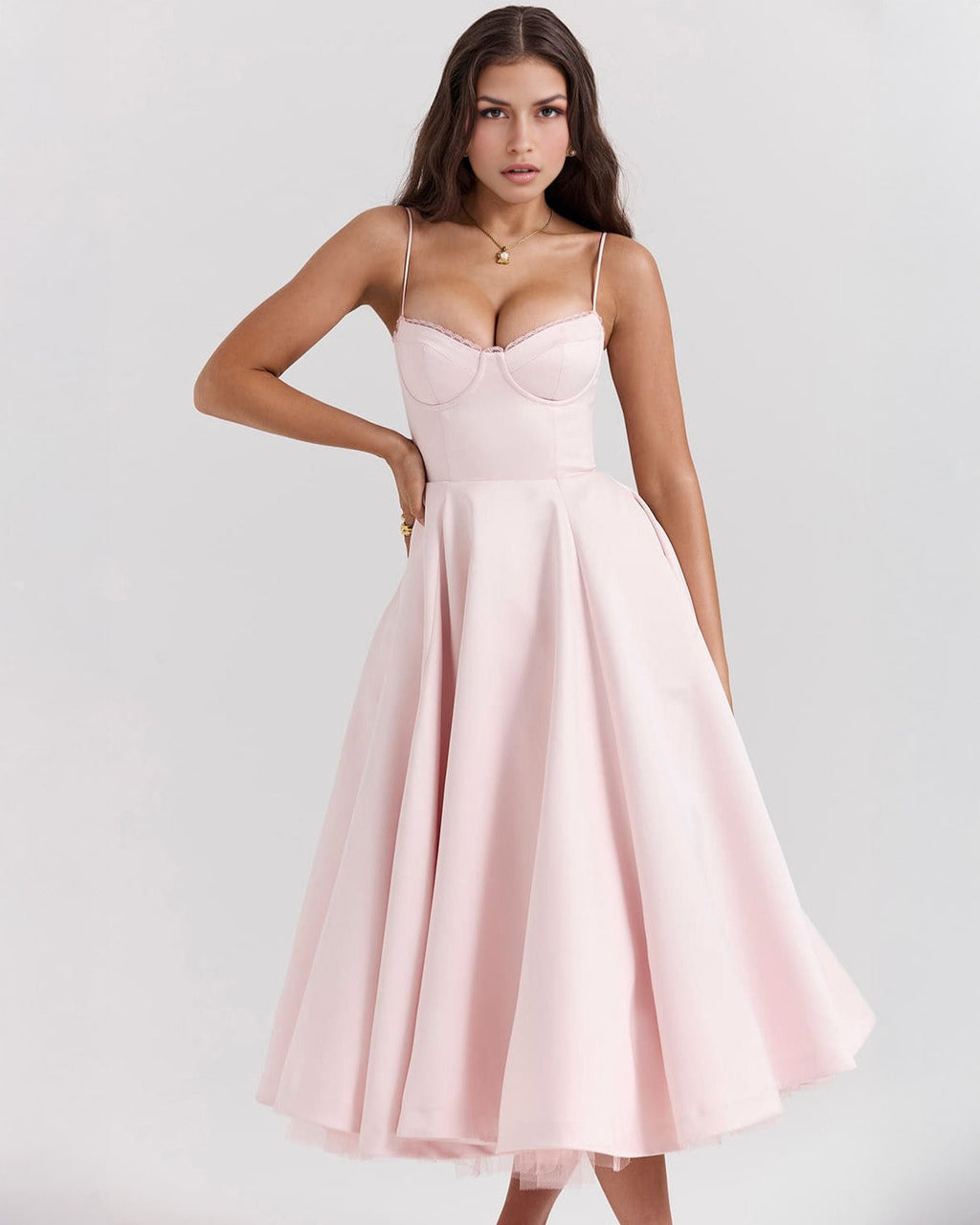 Lace Trim Corset Bustier Spaghetti Strap Pleated Pocket Tea Length Dress