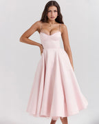 Lace Trim Corset Bustier Spaghetti Strap Pleated Pocket Tea Length Dress