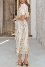 Unique Printed Puff Sleeve Button Lace Up Vacation Maxi Dress