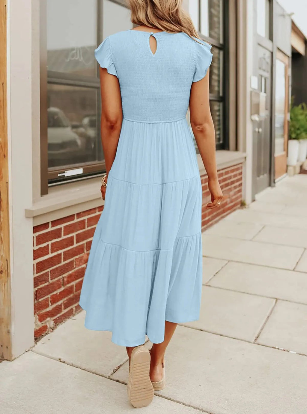 Smocked Bodice Flutter Sleeve Tiered A-Line Midi Dress