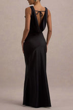 Satin Cowl Neck Wide Strap Diagonal Panel Column Maxi Gown