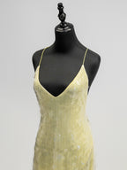 Sequin Sheer Maxi Slip Dress for Women - Butter Yellow Boho Backless V Neck Mermaid Cut Evening Gown - Summer Beach 2026