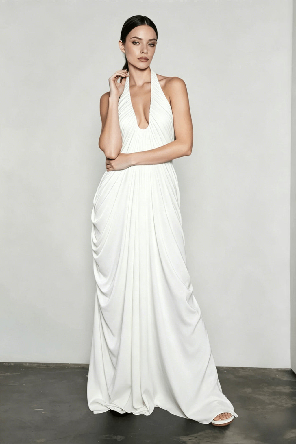 Halter Neck Deep V-Neck Draped Ruched Hip Column Maxi Gown