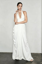 Halter Neck Deep V-Neck Draped Ruched Hip Column Maxi Gown