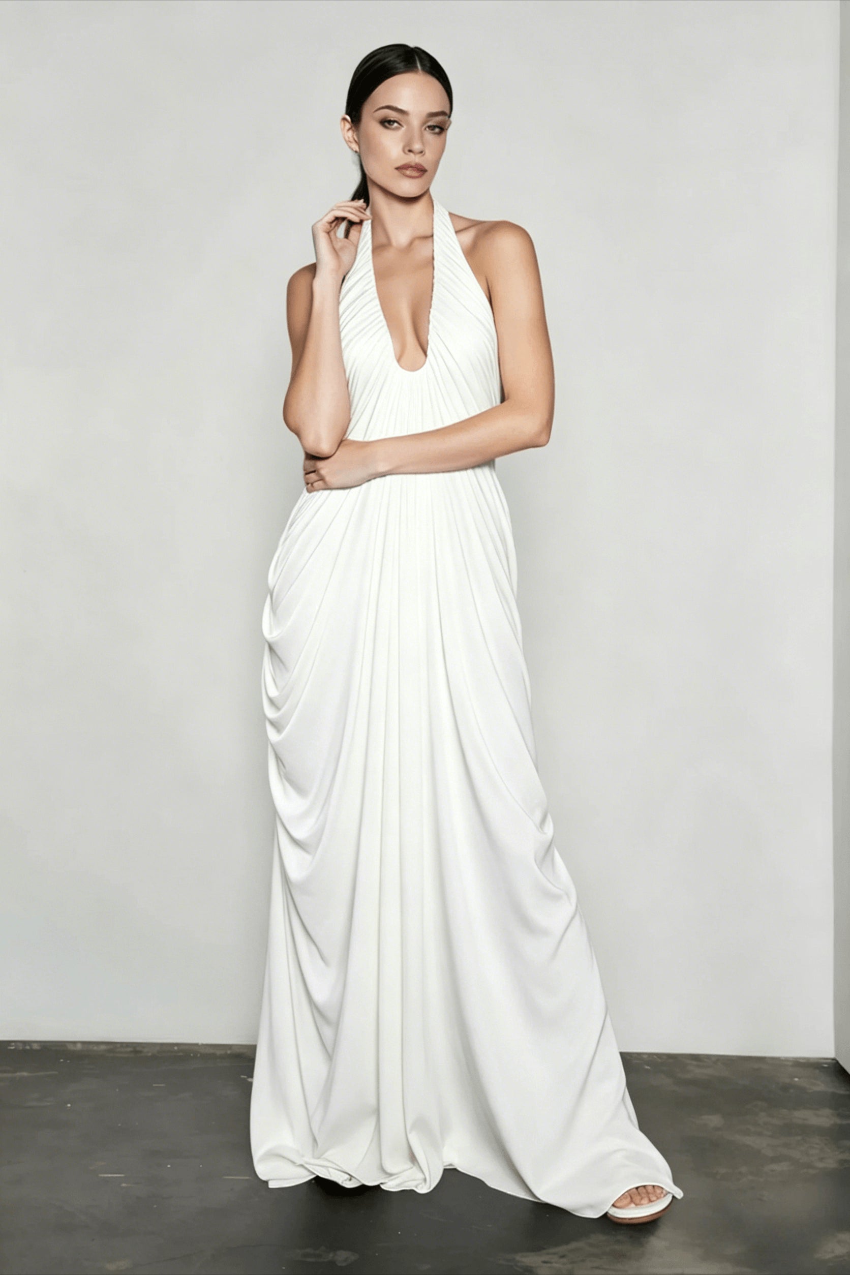 Halter Neck Deep V-Neck Draped Ruched Hip Column Maxi Gown
