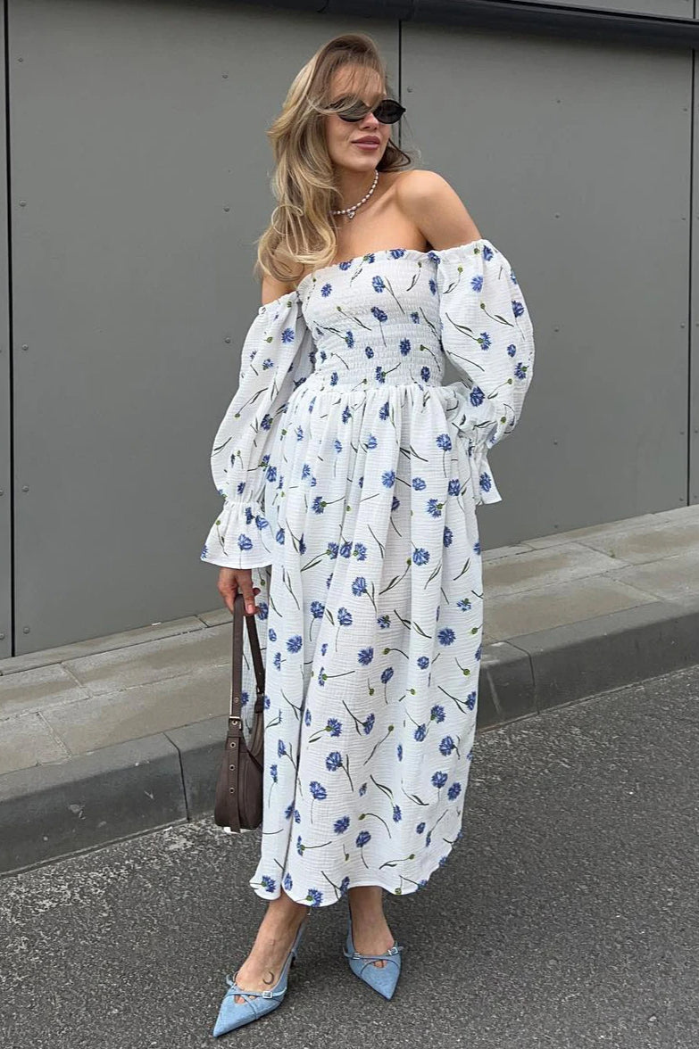 Floral Print Off Shoulder Smocked Puff Sleeve High Split Maxi Dress