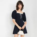 Square Neck Puff Sleeve Contrast Trim Tie Front A-Line Mini Dress