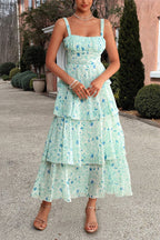Square Neck Ruched Bust Toile Floral Print Tiered Maxi Dress