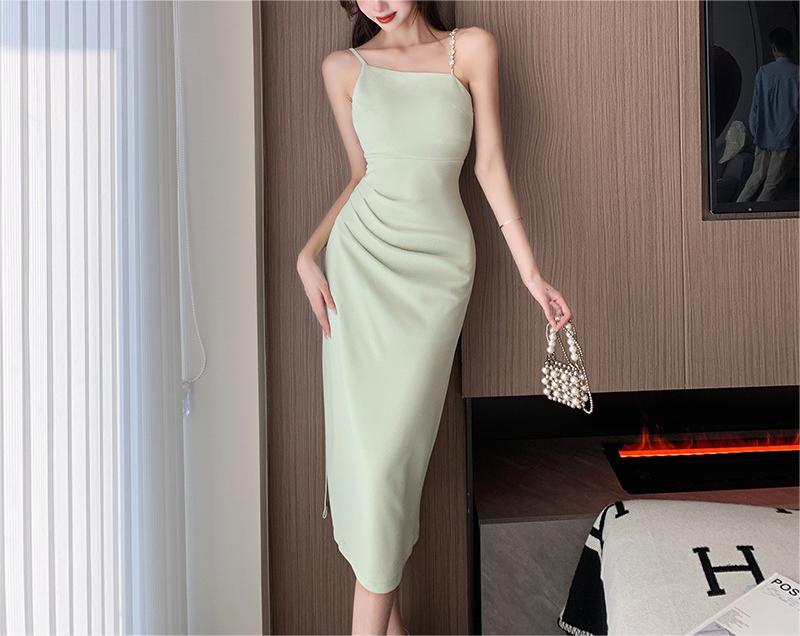 Asymmetric Pearl Strap Ruched Side Slit Bodycon Midi Dress