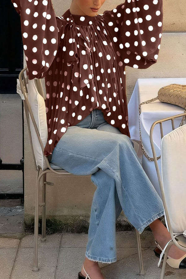 Polka Dot Print Tie-waist Lantern Sleeve Elegant Loose Shirt