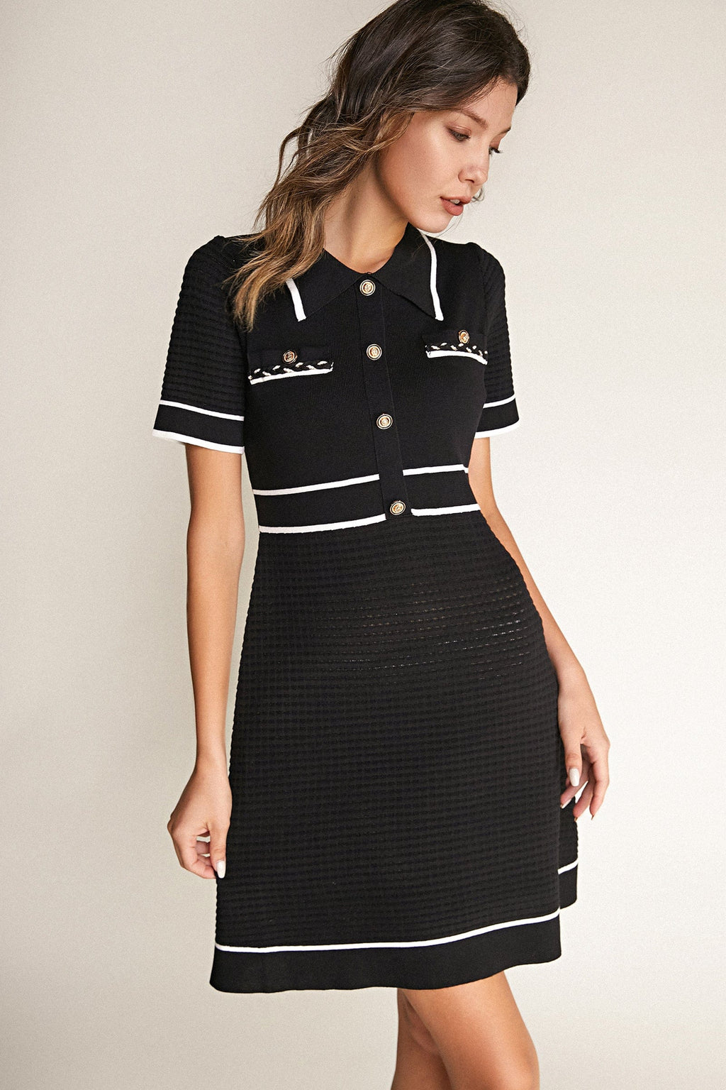 Polo Collar Button Front Contrast Trim Knit A-Line Mini Dress
