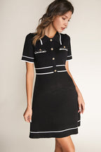 Polo Collar Button Front Contrast Trim Knit A-Line Mini Dress