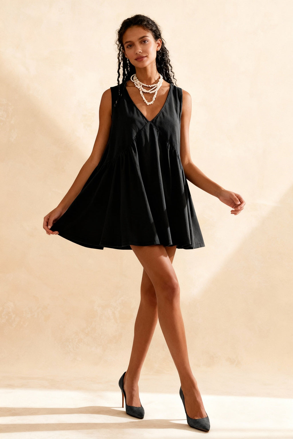 Deep V-Neck Empire Waist Pleated Babydoll Flared Mini Dress