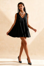 Deep V-Neck Empire Waist Pleated Babydoll Flared Mini Dress