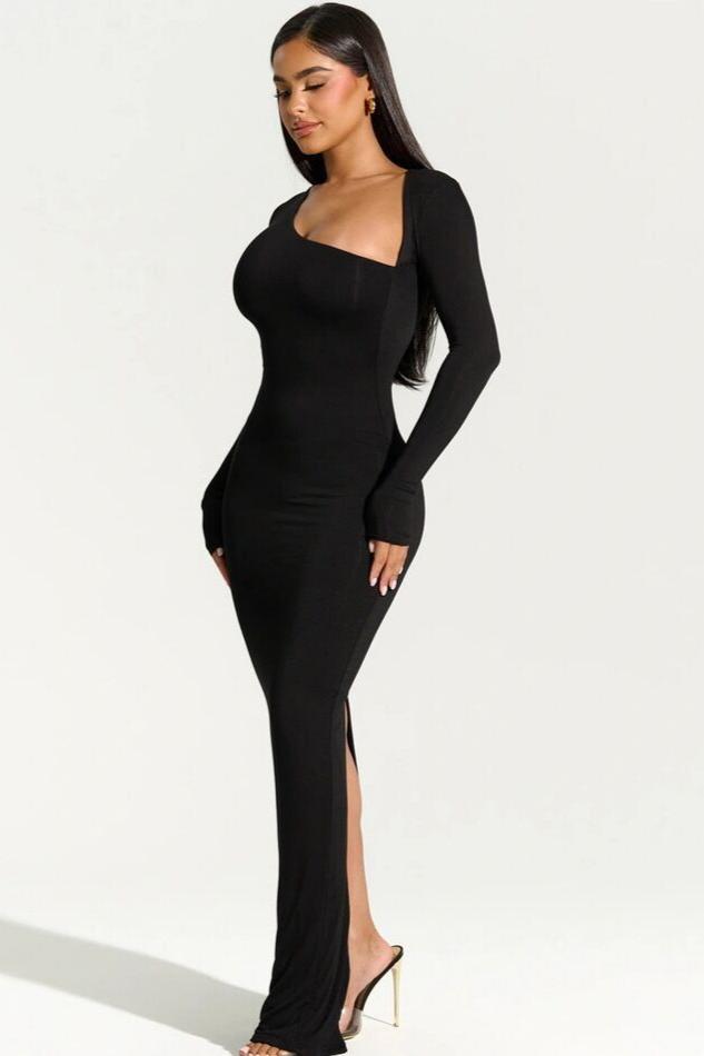 One Shoulder Cut Out Long Sleeve Bodycon Maxi Dress